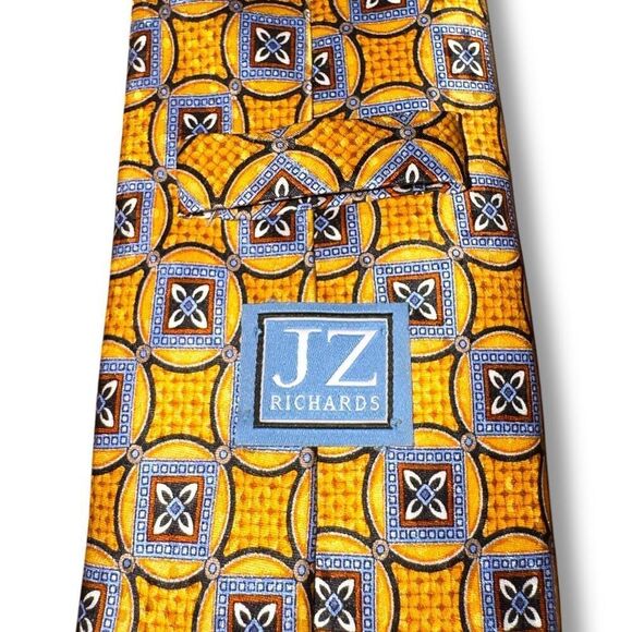 JZ Richards Boulder Gold & Blue Geometric Handmade in USA Silk Neck Tie - Picture 3 of 5